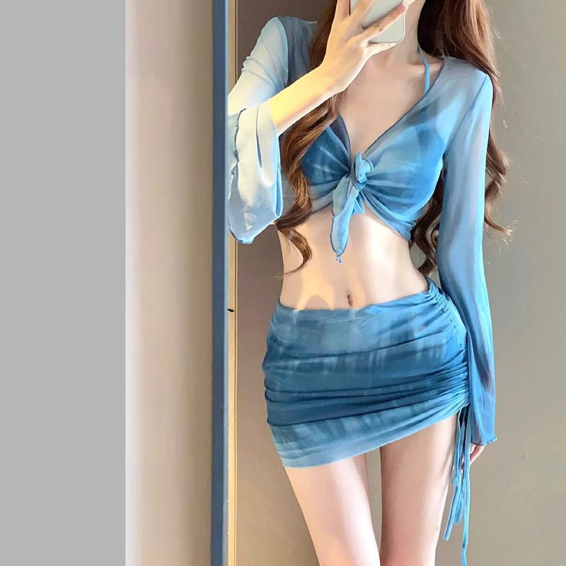 泳衣女比基尼四件套分体显瘦保守学生小胸泡温泉女泳装许诺53223