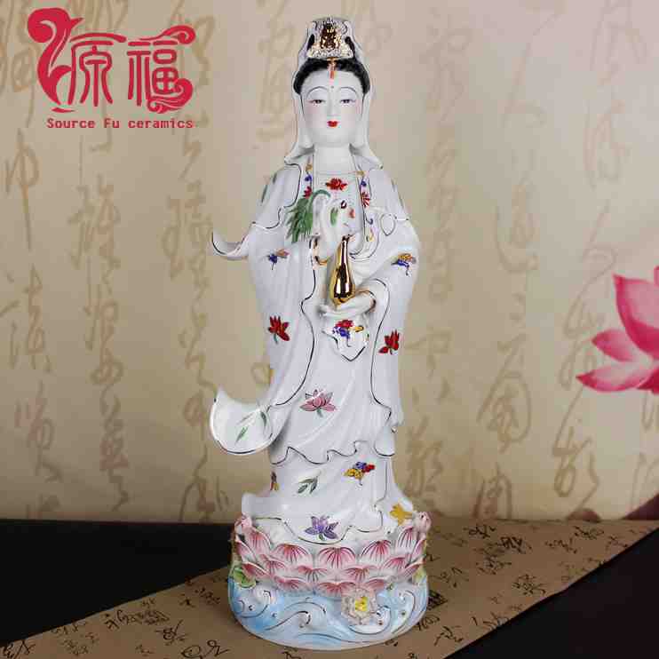 唐彩绘骨瓷站观音 观世音菩萨立像玉瓷摆件 莲花南海观音菩萨佛像