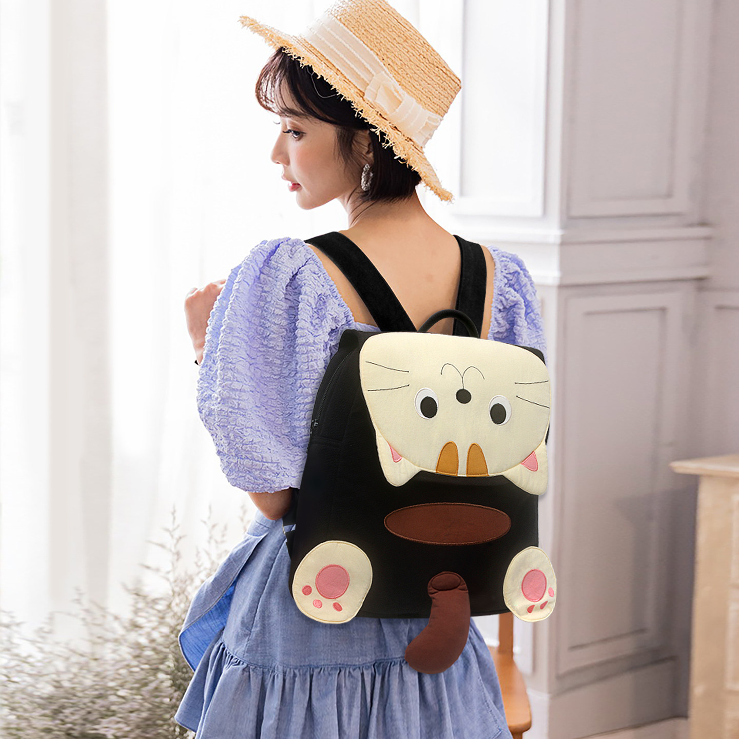 进口kine猫 微笑猫双肩包女士2025新款休闲外出旅游小号背包帆布