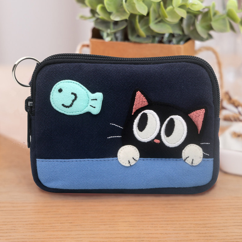kine猫 望鱼猫日系卡通棉布双层拉链硬币零钱包小巧钥匙包可爱女