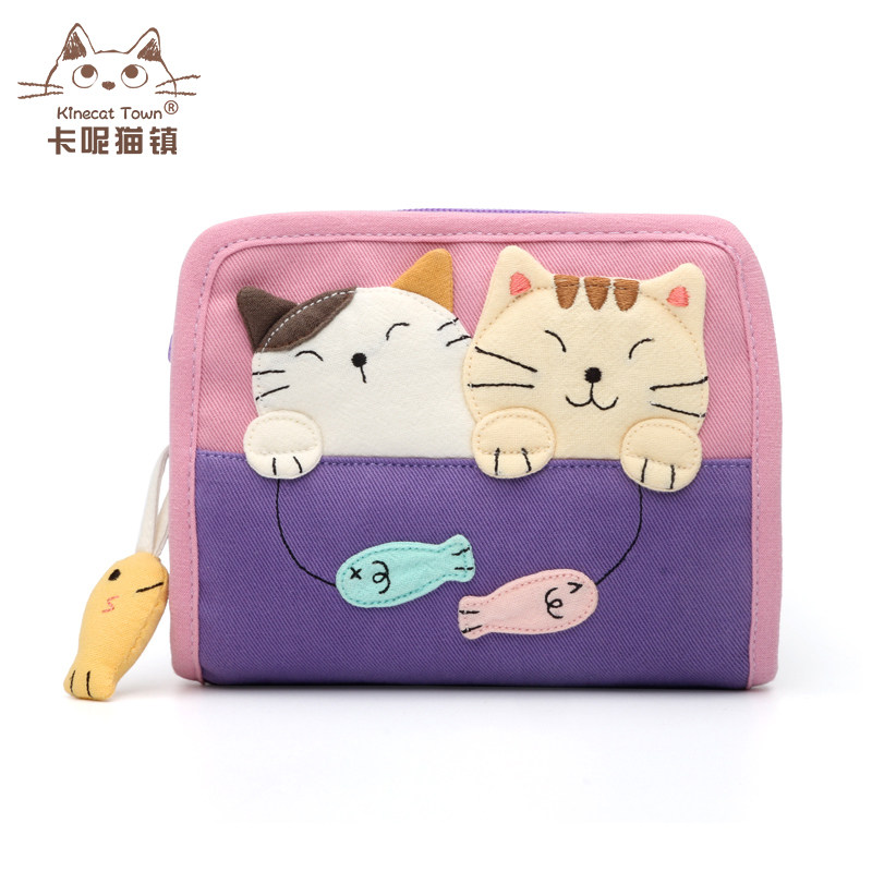 kine猫可爱卡通戏鱼猫手工纯棉布猫咪贴布学生软萌短款钱包日式女