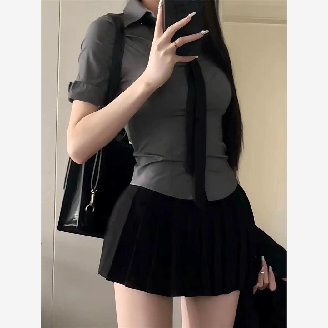 学院风灰色收腰衬衫女夏