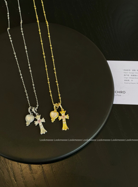 中古千禧风十字架带钻贝母项链