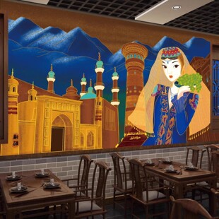 新疆人物建筑巴扎抽象图案无缝定制壁画特产饭店餐厅工装背景墙纸