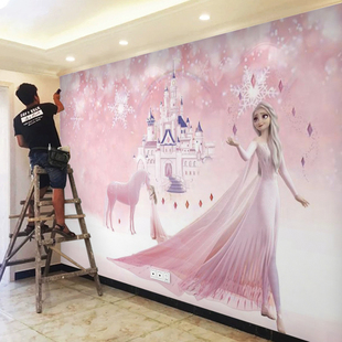 卡通儿童房壁纸女孩房间背景墙壁布艾莎装 饰墙贴画可爱公主房墙纸