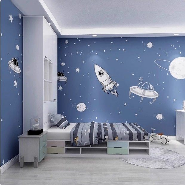 男孩卧室壁布浅蓝色卡通宇宙星空墙纸儿童房床头墙布装饰定制壁画