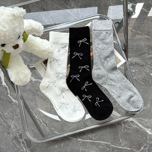 春夏薄款miu风蝴蝶结袜子女中筒