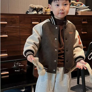 男童毛呢外套秋冬新款刺绣加厚棒球服宝宝洋气圆领保暖夹棉冬装潮