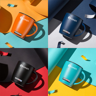 马克龙色不锈钢马克杯 带盖喝水办公室家用咖啡杯 时尚情侣水杯