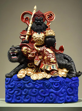 彩绘木雕武财神骑虎赵公明神像摆件实木质家居玄关装饰红木工艺品