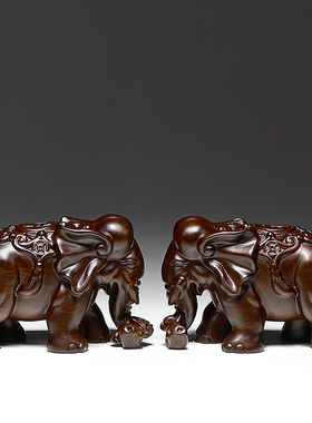 实木雕刻公母大象摆饰一对吸水象手工艺品家居新中式客厅玄关礼品