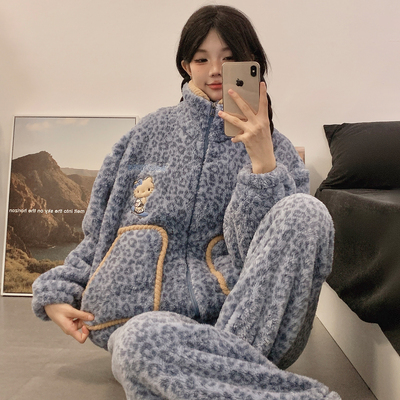 睡衣少女kitty猫秋冬季珊瑚绒加厚保暖法兰绒豹纹新款家居服套装