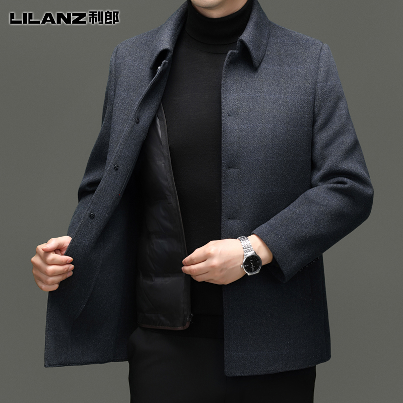 利郎羊毛男士双面呢大衣秋冬季可脱卸鹅绒内胆高端加大码外套男装