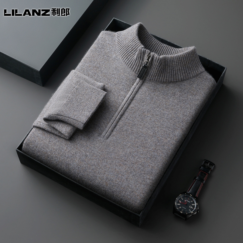 利郎羊绒衫男士高端100纯羊绒半高拉链领加厚中青年保暖羊毛衫冬
