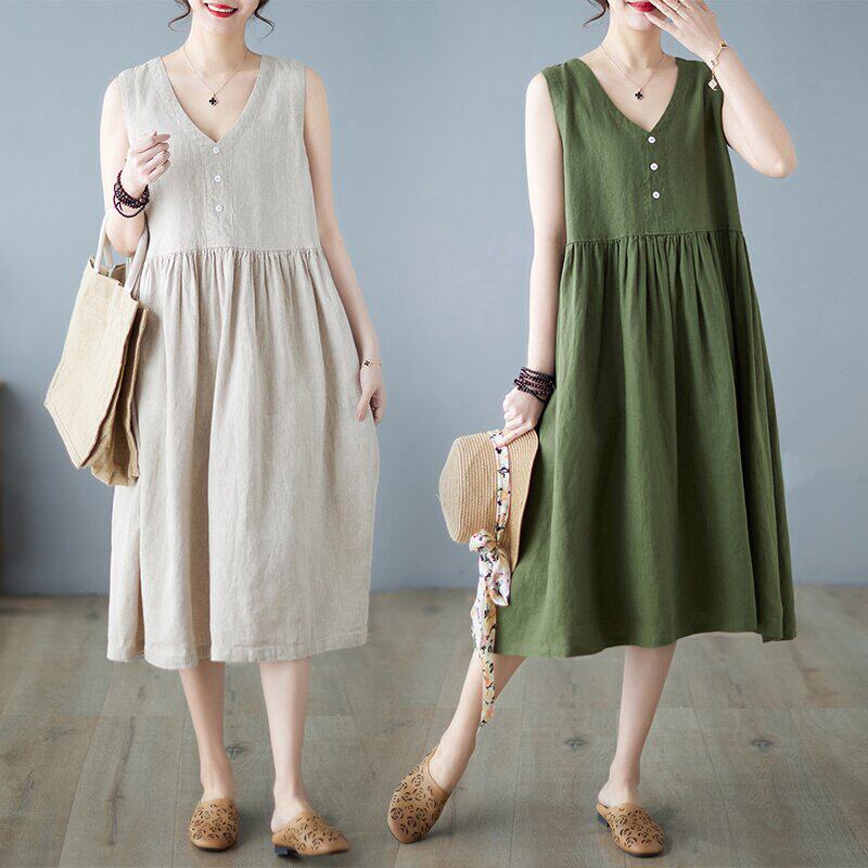 夏季宽松百搭背心裙女中长款显瘦v领高腰娃娃裙无袖棉麻连衣裙