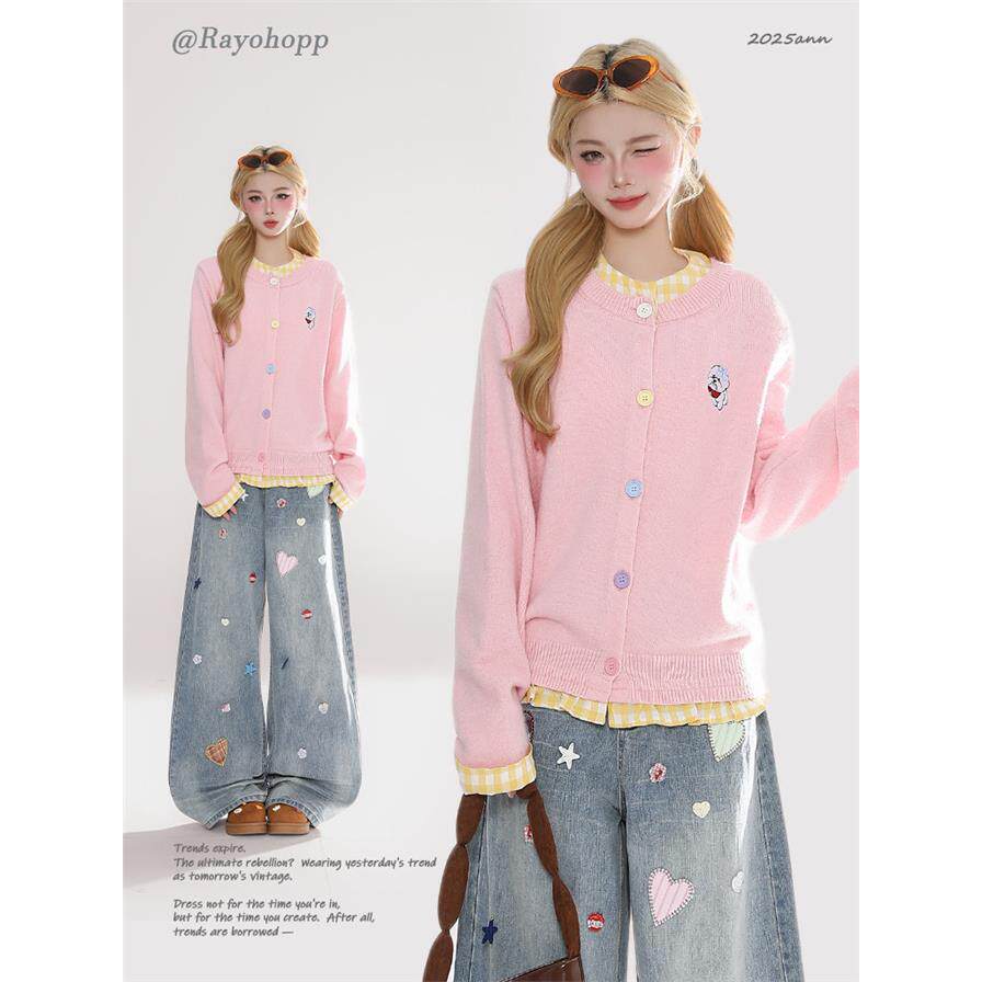 Rayohopp格纹拼接假两件外搭毛衣女2025秋季新款百搭开衫粉色上衣