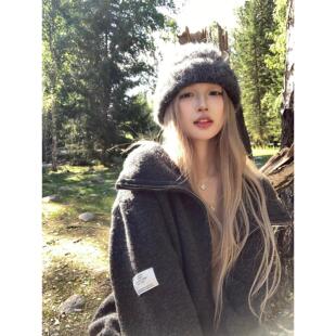 Ceezzzi 霍比特剪影连帽灰色毛衣外套女宽松后背印花羊毛针织开衫