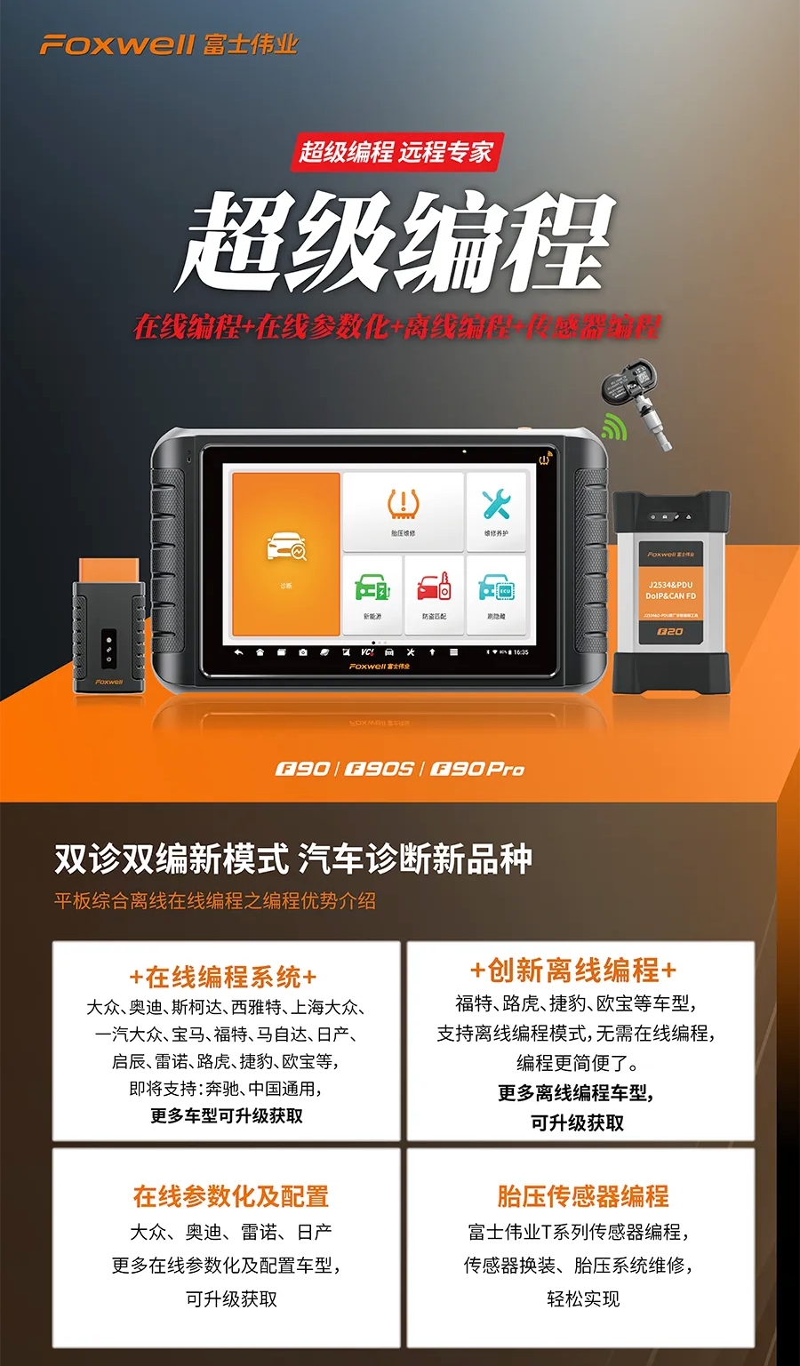 富士伟业F90S解码器电脑诊断仪编程新能源检测胎压匹配仪器F7000S
