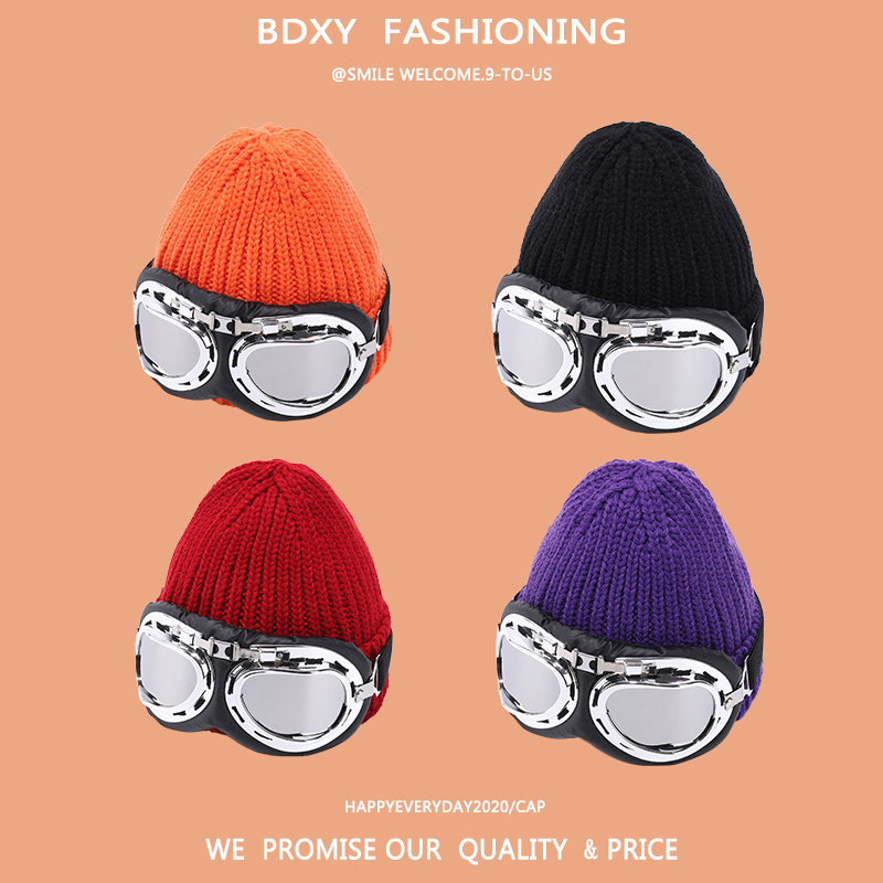 亲子款秋冬保暖韩版飞行员帽男女童针织眼镜毛线帽宝宝滑雪套头帽