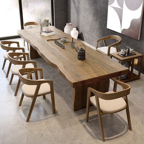 新中式大版茶桌现代简约茶台实木茶盘一体一桌五椅办公茶桌椅组合