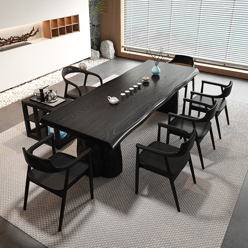 现代实木桌椅组合整板家用客厅大板办公室碳化简约黑色泡茶茶台