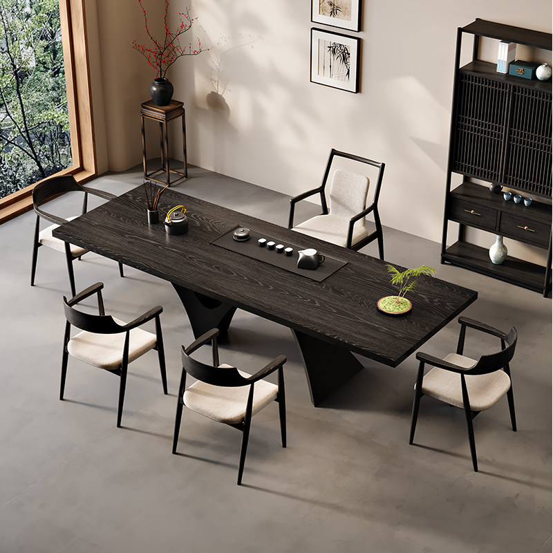 侘寂风黑色实木茶桌椅组合设计师简约长方形茶几客厅办公室原木桌