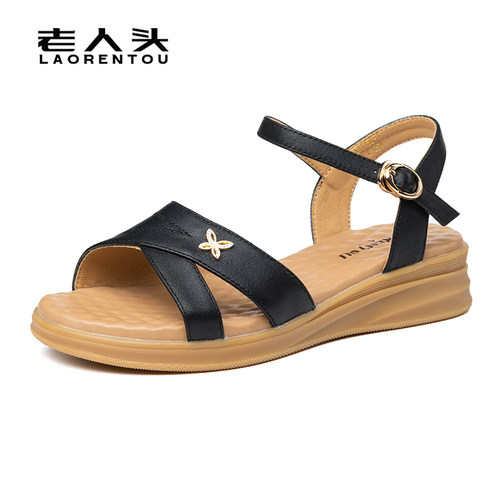 头层牛皮女坡跟真皮一字带凉鞋