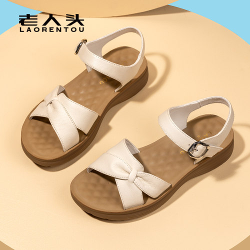 头层牛皮厚底妈妈凉鞋中老年