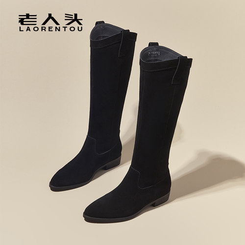 老人头厚底长筒靴女款2026秋冬季新款显瘦长靴高筒骑士靴真皮靴子