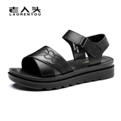 老人头头层牛皮凉鞋 女 平底真皮中老年妈妈沙滩鞋 女2025夏季 新款