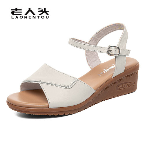 头层牛皮坡跟平底凉鞋女