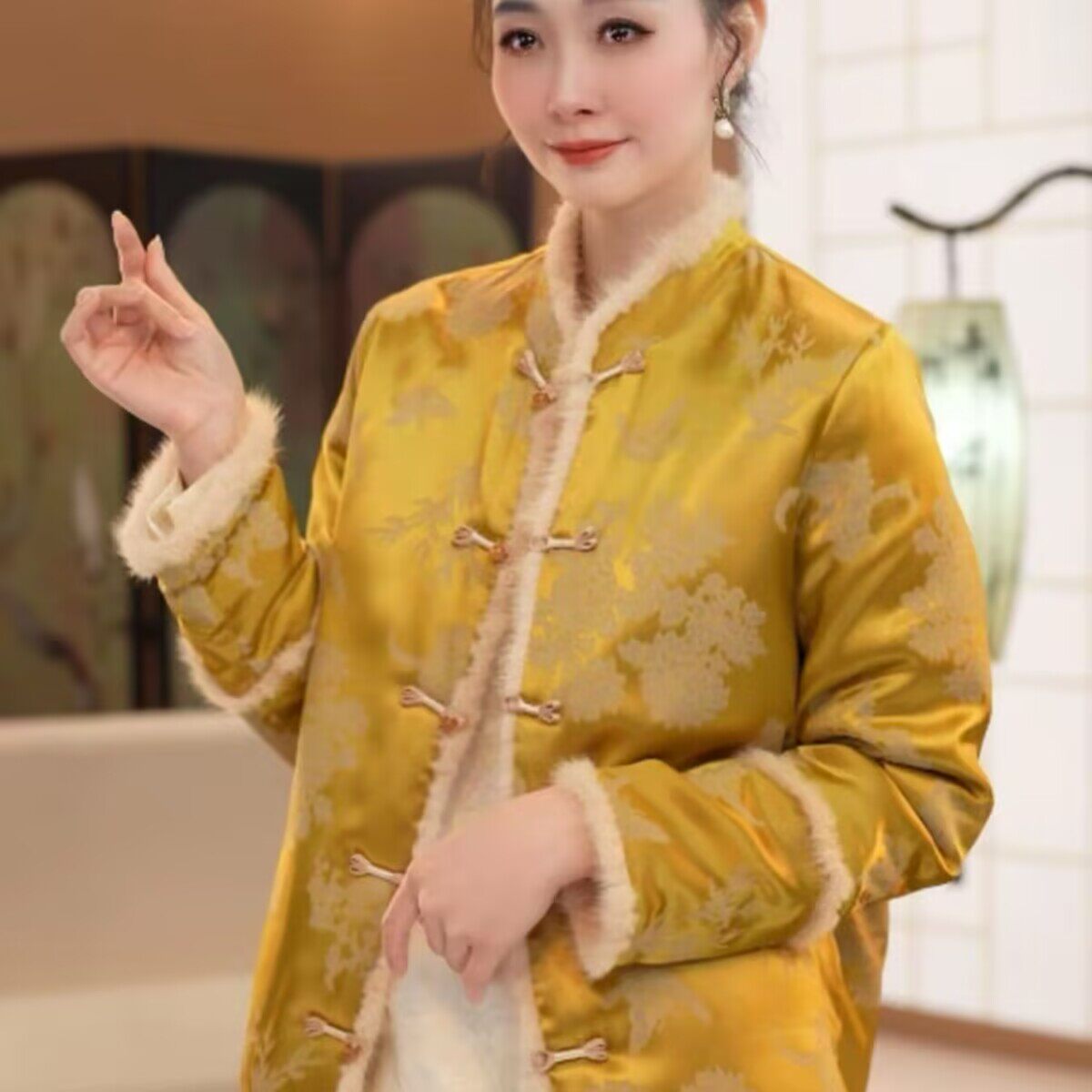 新中式立领盘扣精美印花棉衣外套2025冬季新款国风百搭上衣女唐装