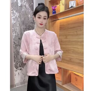 高级感粉色防晒衣新中式外套女夏薄七分袖醋酸锻开衫外搭上衣缎面