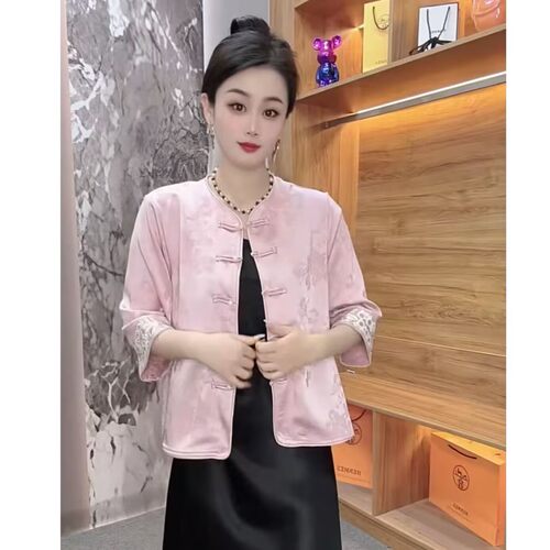 高级感粉色防晒衣新中式外套女夏薄七分袖醋酸锻开衫外搭上衣缎面