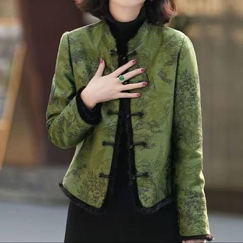 冬季新中式加棉国风提花拼接手工盘扣女毛边百搭百搭夹棉棉服外套