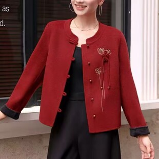 国风双面呢大衣女短款2026秋冬新中式荷花绣花妈妈装羊毛呢外套