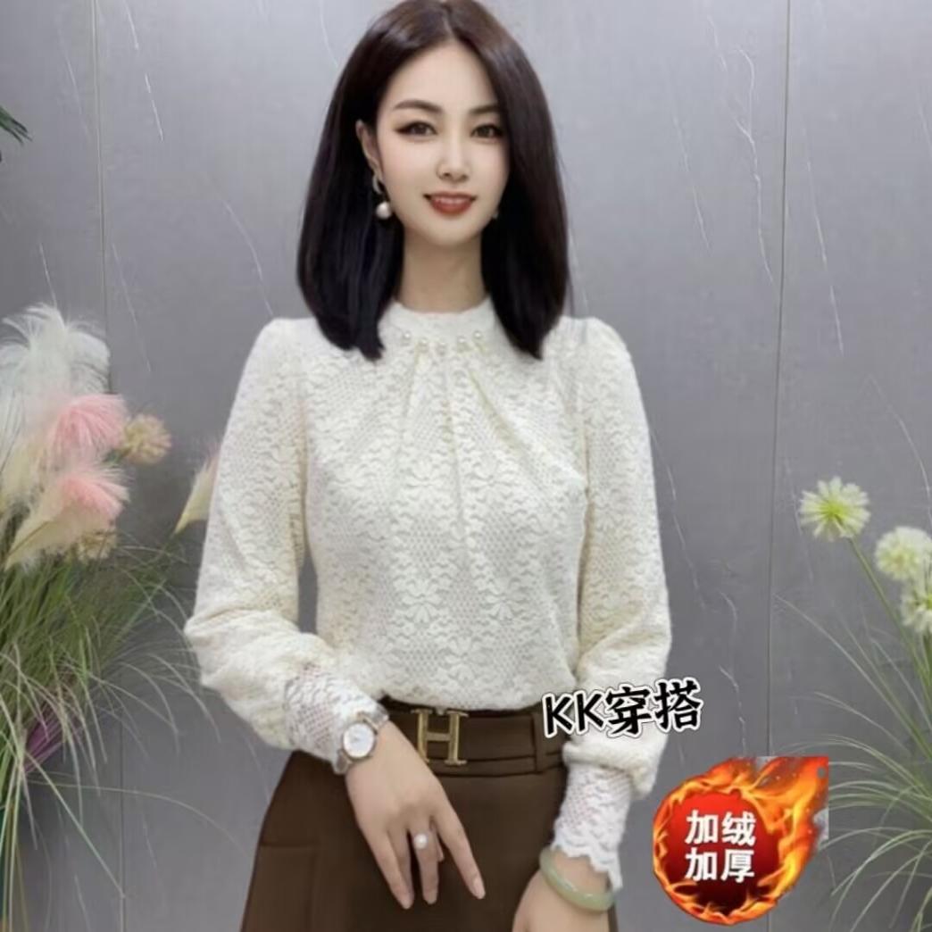 加绒蕾丝提花打底衫女2024秋冬新款长袖百搭加厚设计感上衣蕾丝衫