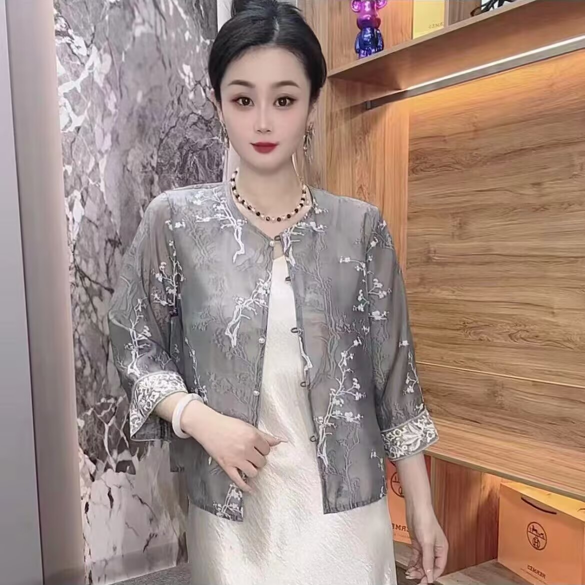 新中式国风撞色刺绣欧根纱防晒小衫上衣女夏季薄款配裙子开衫外搭