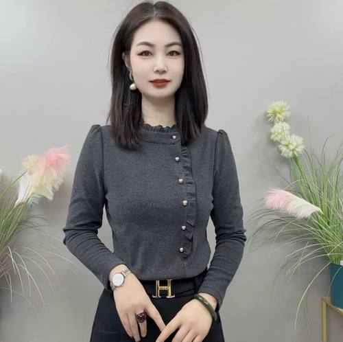 立领木耳花边加绒蕾丝打底衫女宽松衬衫显瘦遮肉小香风加厚保暖冬