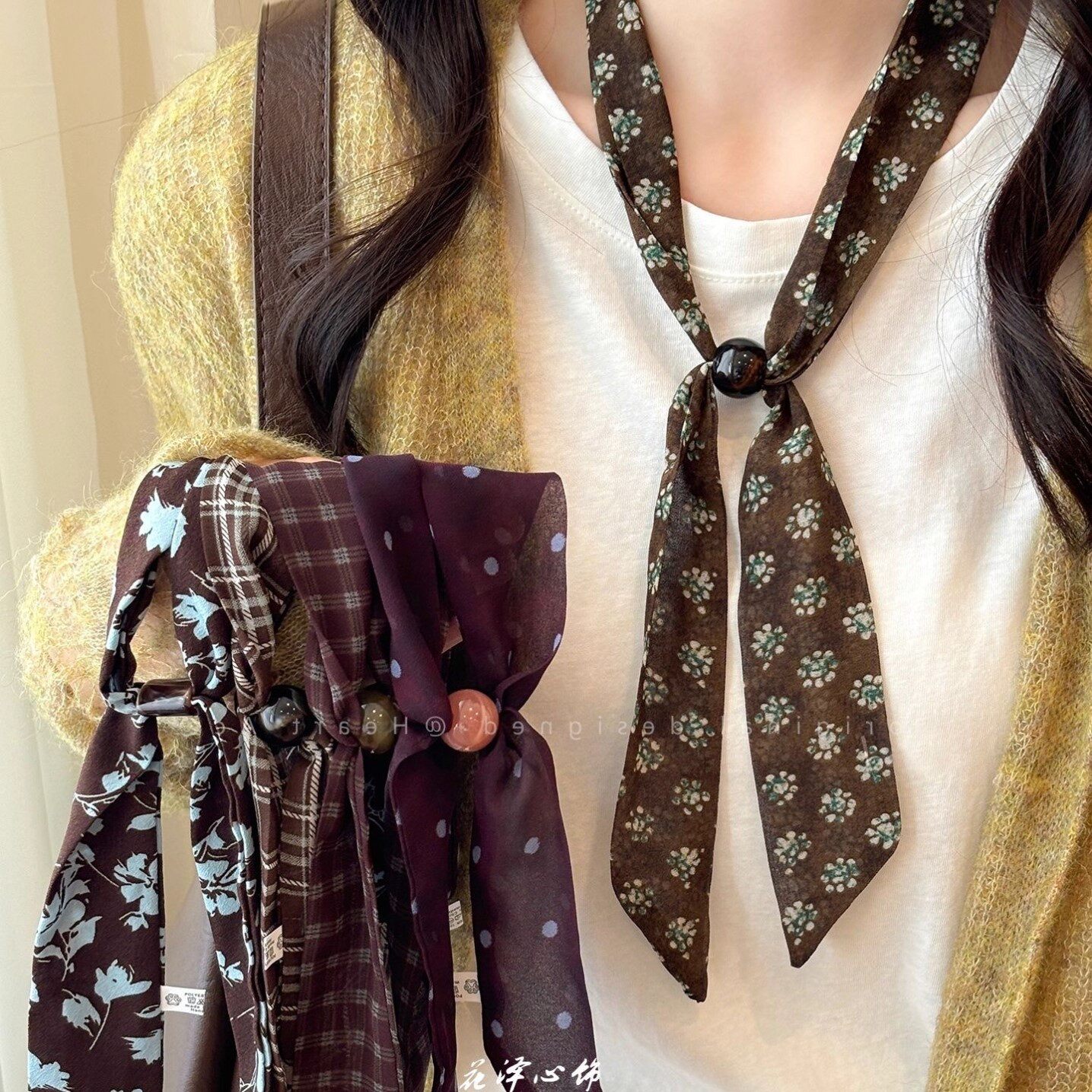 复古咖绿色碎花丝巾项链女小众抽拉式长款秋冬毛衣链时髦百搭配饰