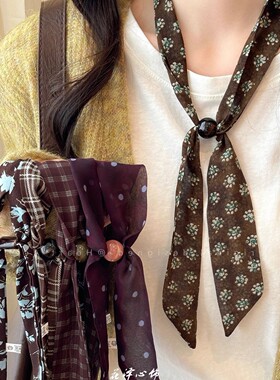 复古咖绿色碎花丝巾项链女小众抽