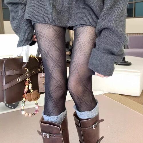 黑色菱格丝袜女秋冬季超薄0d高透