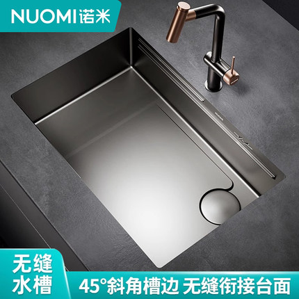 柏莎无缝水槽手工大单槽压珠纹纳米枪灰304不锈钢岩板台面洗菜盆