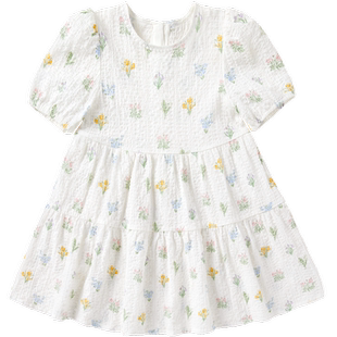 【清仓】全棉时代女童裙子夏装新款满印碎花肌理短袖连衣裙儿童