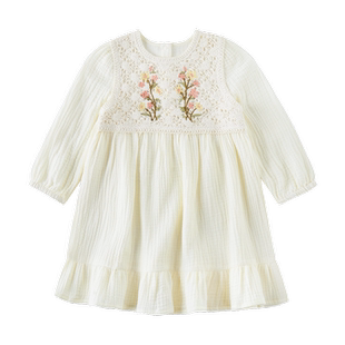 【清仓】全棉时代女童连衣裙春秋长袖新款轻盈荷叶边纱布透气裙子