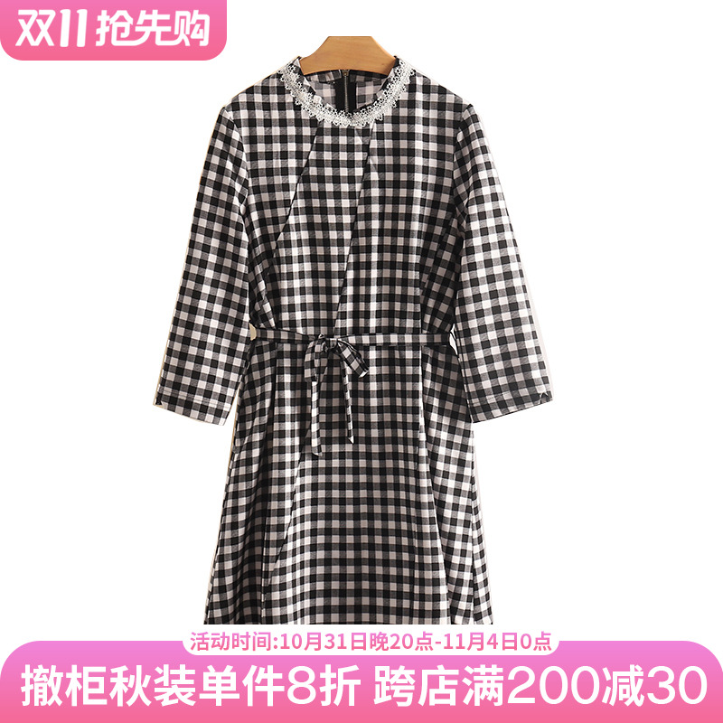 衣惠仓专柜撤柜◆气质收腰格子圆领七分袖连衣裙秋季2023新款女装