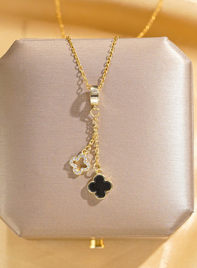 时尚镶钻镀金流苏四叶草吊坠钛钢项链女小众气质百搭锁骨链配饰品