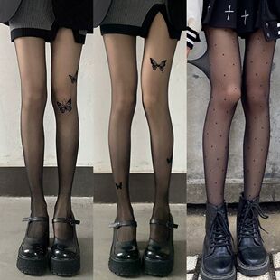 黑色蝴蝶结丝袜女性感黑丝纯欲连裤 袜可爱印花jk洛丽塔波点黑丝袜