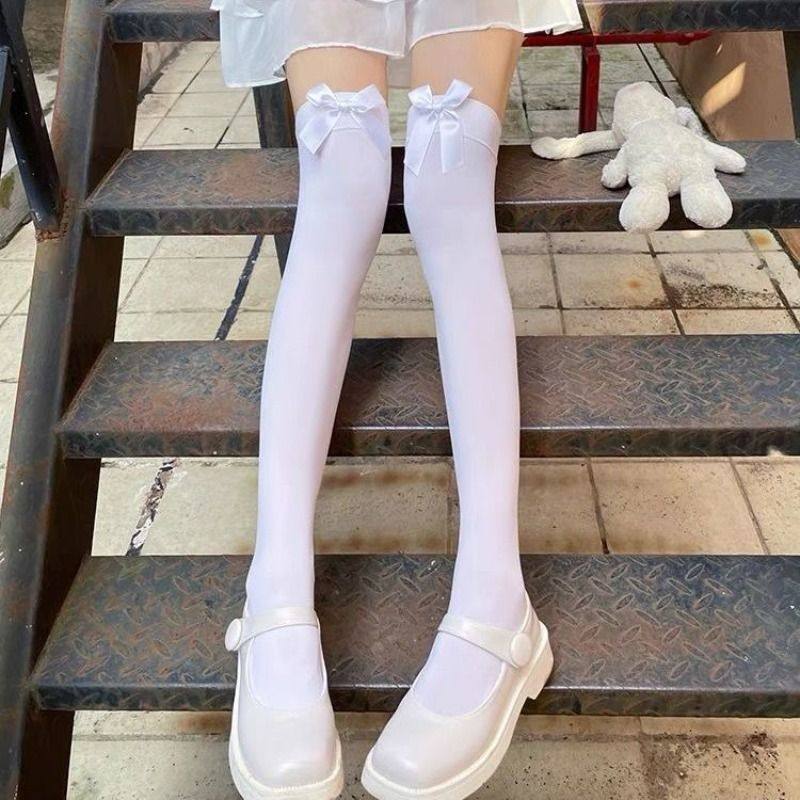 显瘦天鹅绒蝴蝶结过膝袜夏季薄款长筒黑白丝女学生jk制服中筒袜子