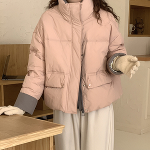 反季短款羽绒服女冬季小个子2024新款韩版时尚拼色宽松面包服外套